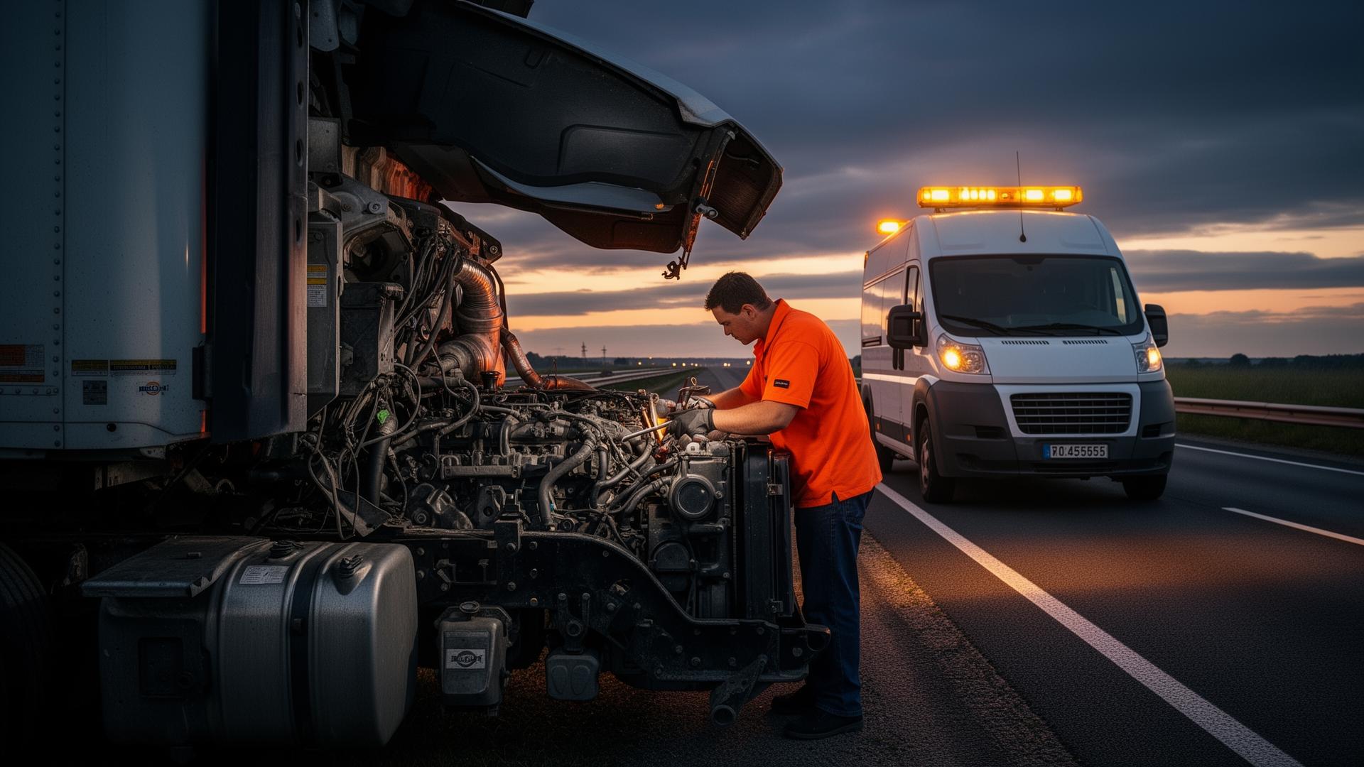 Mobile mechanic repairing a semi-truck engine on the roadside at dusk